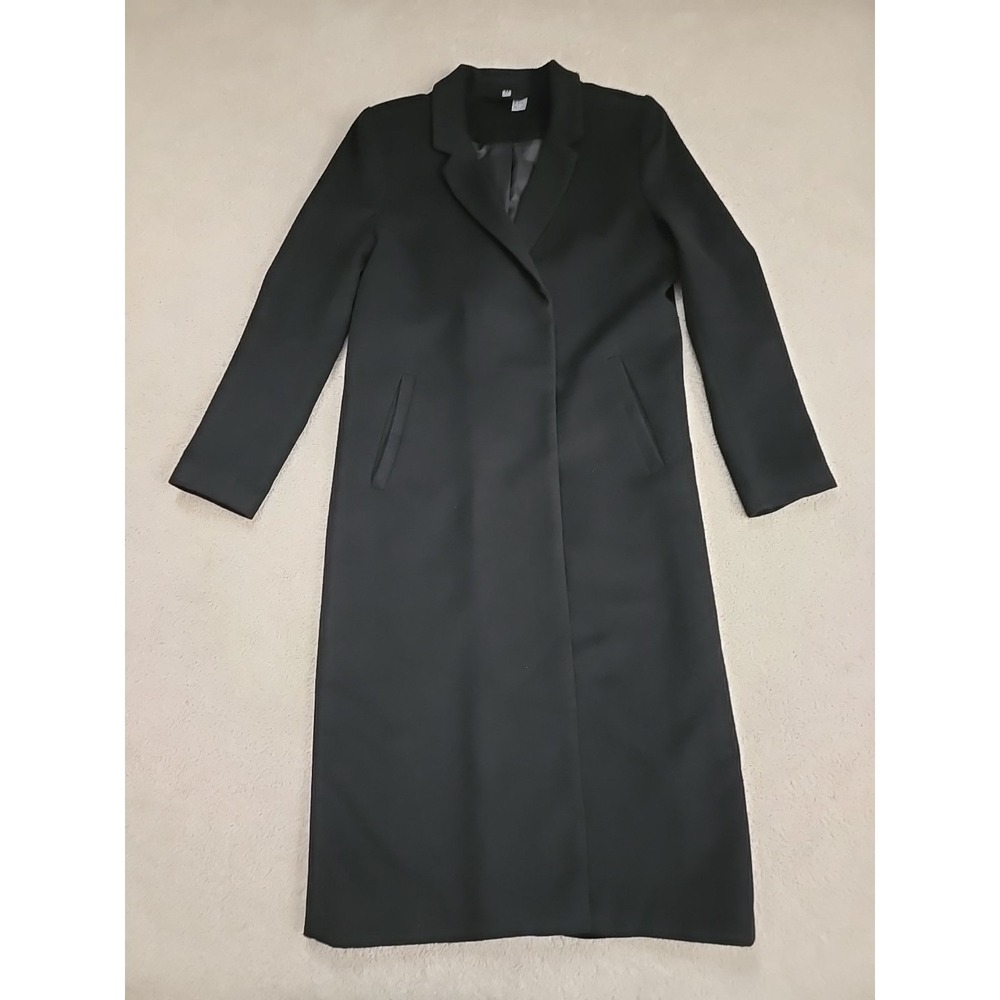H&M‎ Divided Long Lightweight Snap Closure Wool Blend Black Coat Sz 10